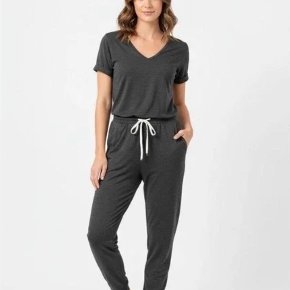 Vuori Cozy V-Neck Drawstring Jumpsuit in Charcoal